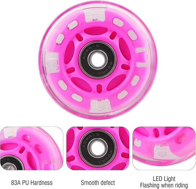 8pcs Inline Skate Wheels Led Light-Up Wheels 64/70/72/76/80mm w/Bushings 85-88A for Kids and Youth Beginners Children's Inline Skates Indoor/Outdoor Use (Pink, 70mm)