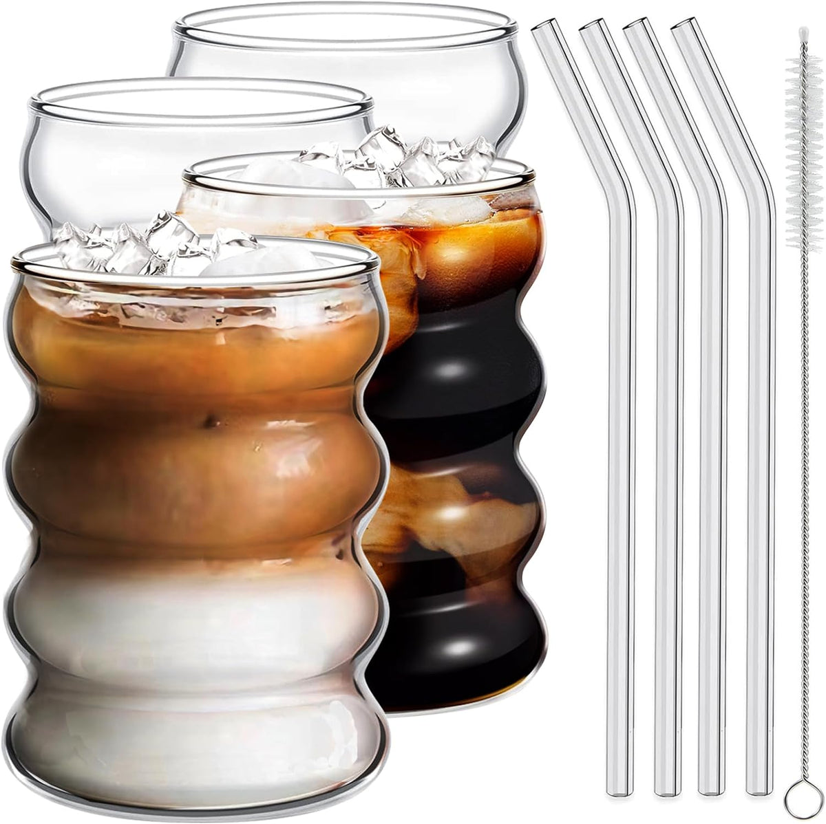 4 Pcs Iced Coffee Glasses with Glass Straws 14oz Thick Drinking Glass Cup Set,Iced Latte Glasses,Cocktail Glasses,Beer Glasses,Ideal for Water,Soda,Tea,Gift - with Cleaning Brushe