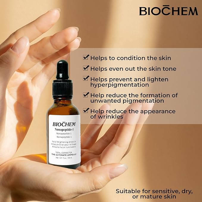 BIOCHEM Nonapeptide-1 Brightening Serum–Dark Spot Corrector & Melanin Inhibitor Ampoule for Even Skin Tone & Natural Glow– Anti-Aging Peptide Treatment for Face & Neck,1.01 fl oz/30 mL