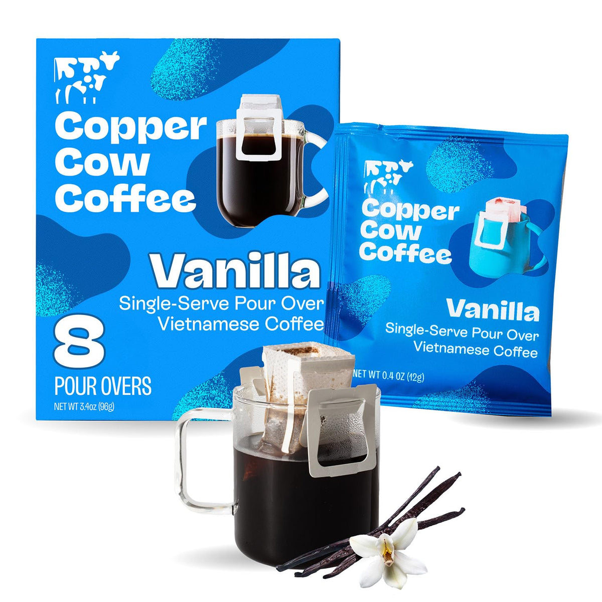 Copper Cow Premium Pour Over Single-Serve Vietnamese Coffee | Vanilla | Dark Roast | Flavored with Vanilla Beans | Includes 8 Coffees