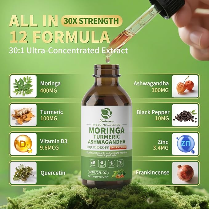 12-in-1 Lipsomal Moringa Leaf Drops with Ashwagandha Turmeric Quercetin, 98% Absorption & 30:1 Pure Moringa Extract for Energy Immune Joint Digestive Support, Vegan Non-GMO Gluten-Free