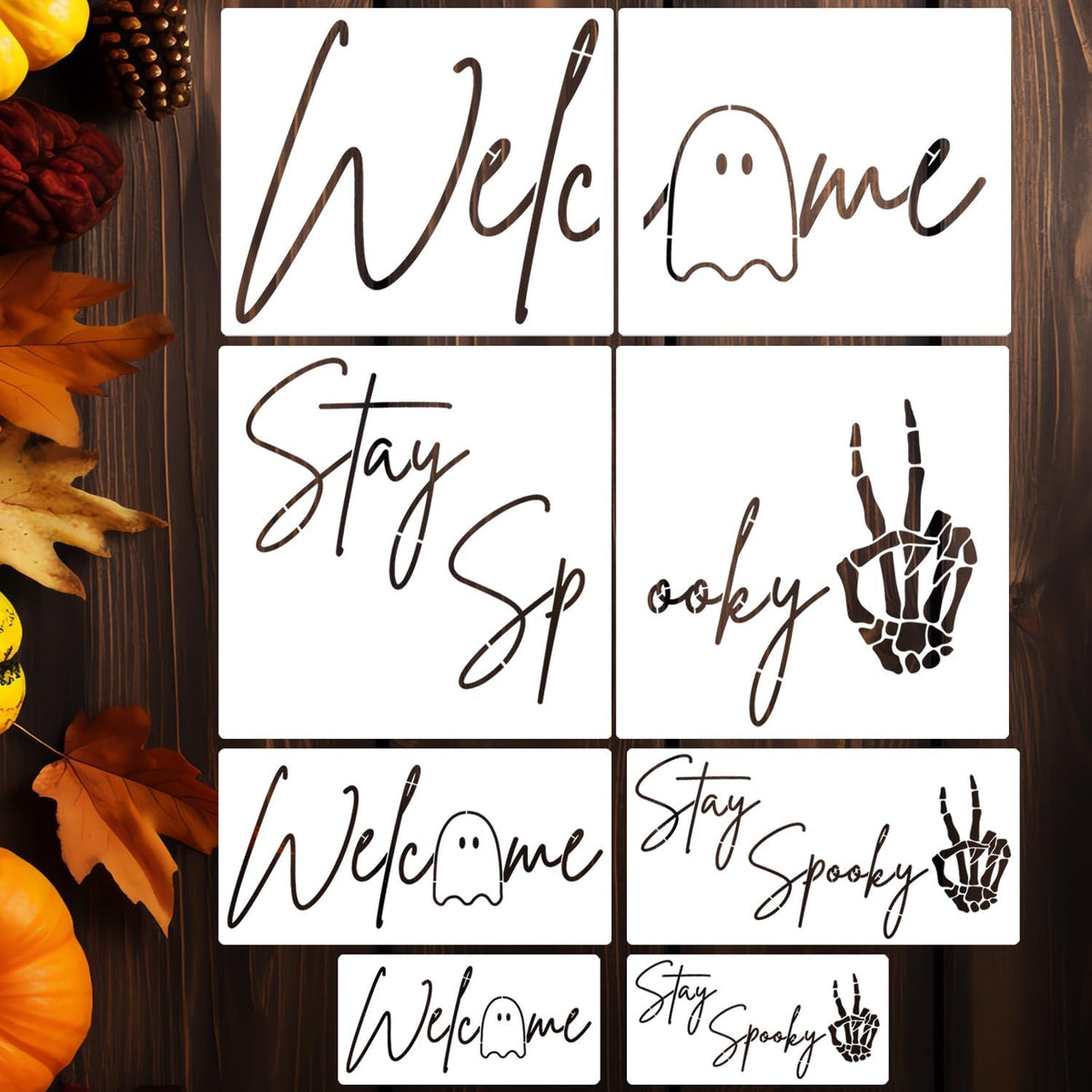 Halloween Stencils for Door Mats Welcome Ghost Stencil Reusable Stay Spooky Halloween Stencils for Painting on Wood Sign Doormats Fabrics DIY Crafts Decor