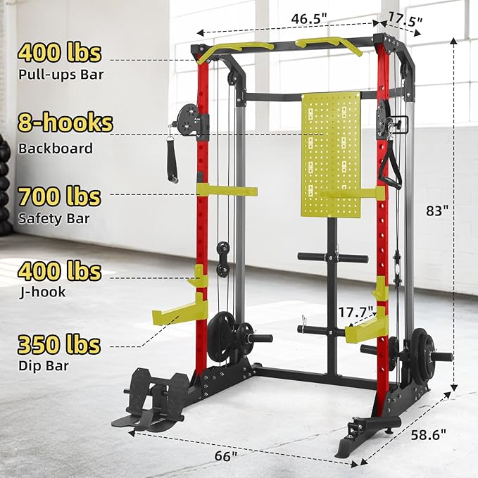 Power Cage, Squat Rack with Cable Crossover and Dual Independent Pulley System, 2000LB Capacity Workout Cage with More Training Attachments, Power Rack for Home Gym