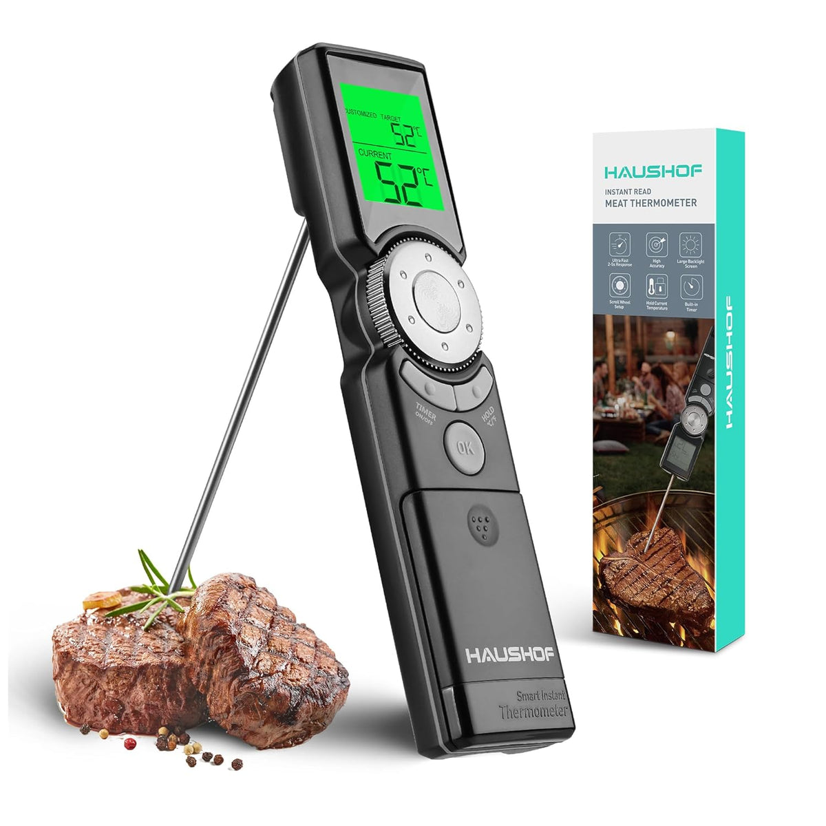 HAUSHOF Instant Read Meat Thermometer Digital, High Accuracy Cooking Thermometer, Scroll Interface Food Thermometer with Timer, Quick-Setting Kitchen Temperature Probe for Grill, Smoker, BBQ, Frying