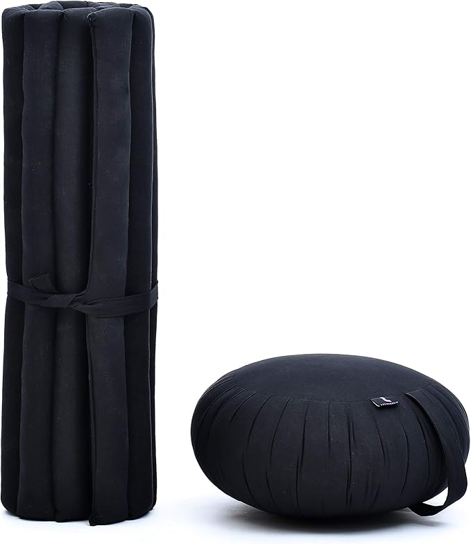 Leewadee Meditation Cushion Set – 1 Round Zafu Meditation Pillow and 1 Square Roll-Up Zabuton Meditation Mat, Pillows Bundle Filled with Kapok