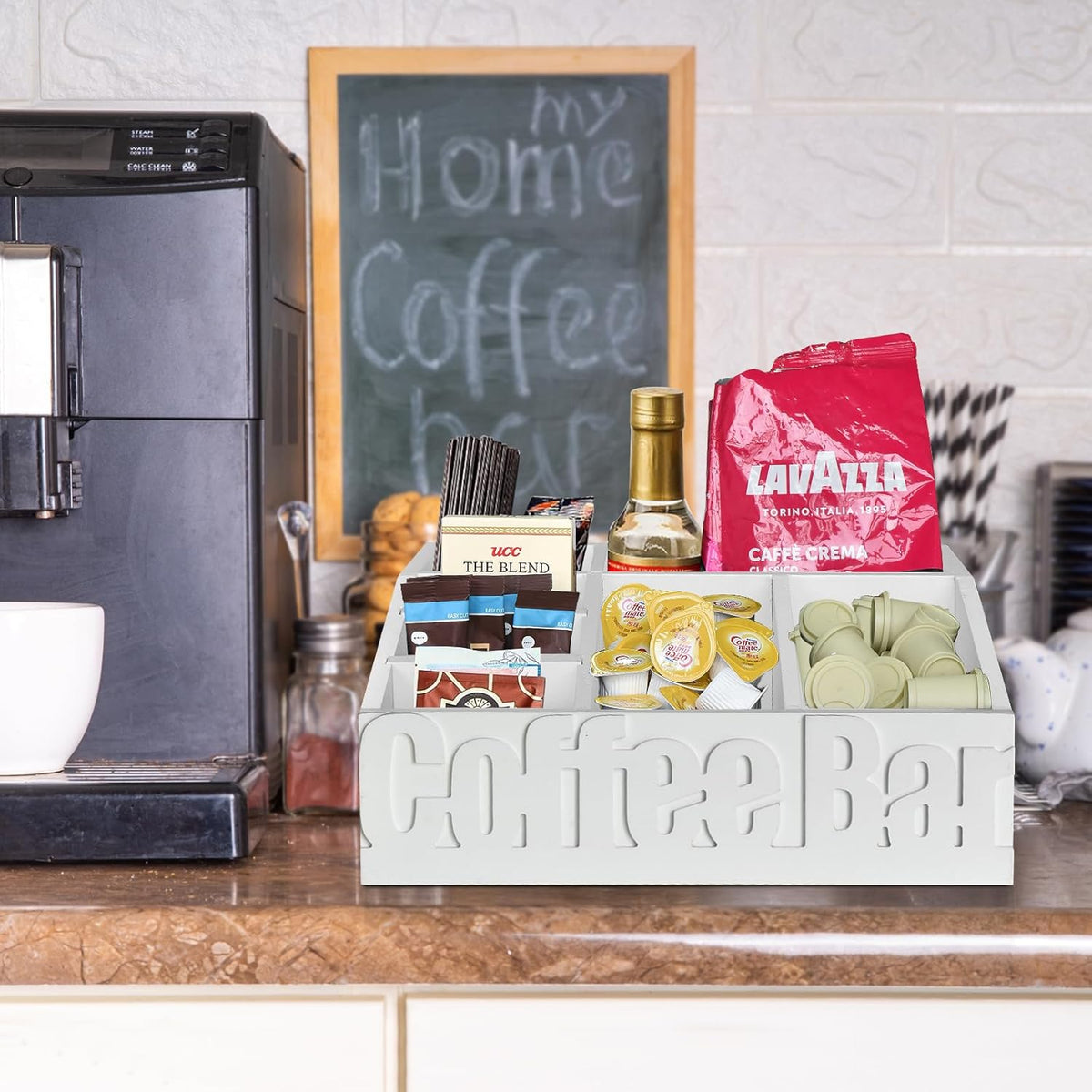 Coffee Bar Organizer for Accessories, Wood Station for Countertop, Farmhouse Pod Holders, White Condiment Organizer for Decor