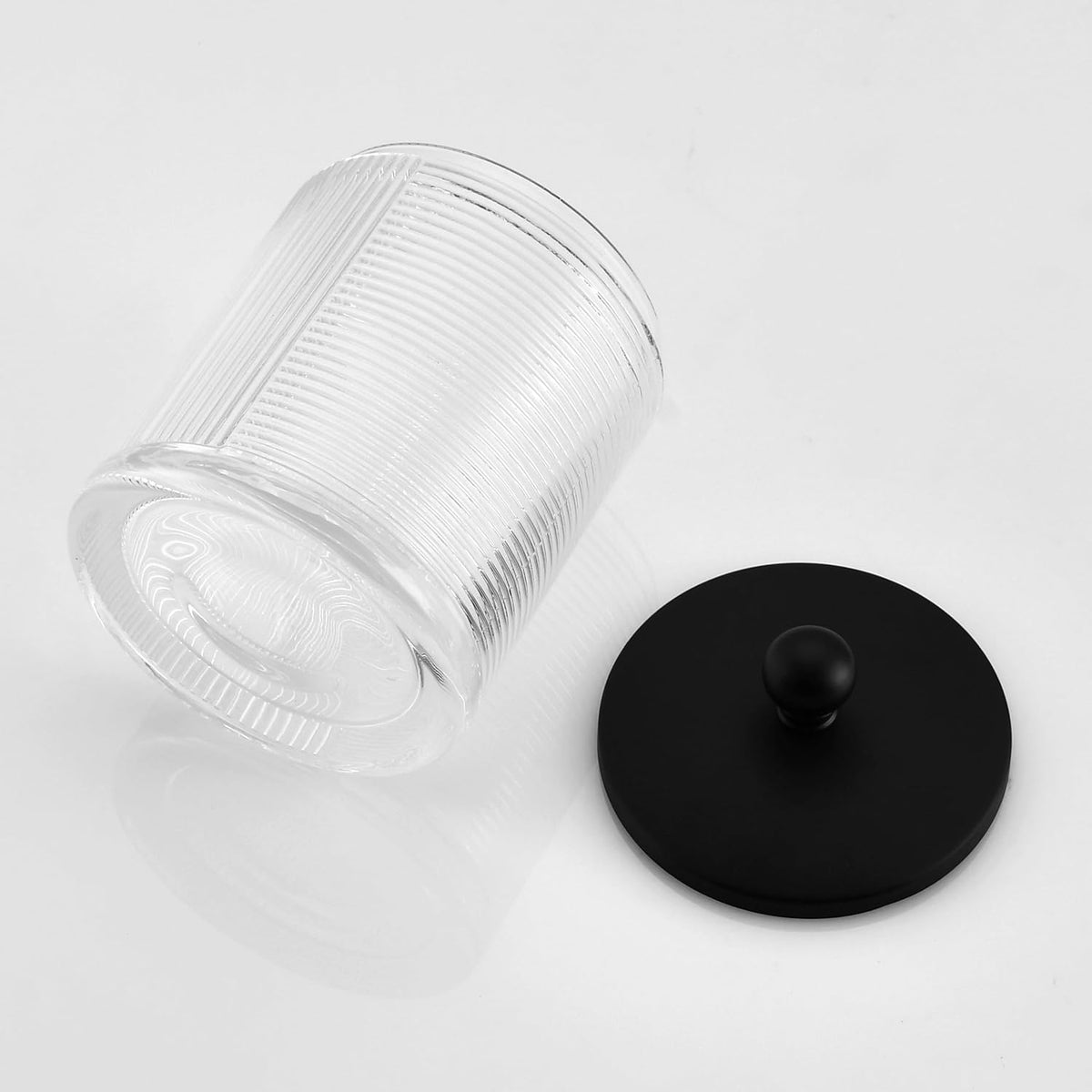 Glass Cotton Jar Holder Matte Black Lid, Elegant Bathroom Storage Canister for Qtips, Cotton Balls, Floss, Makeup Organizer, Vanity Bathroom Organization