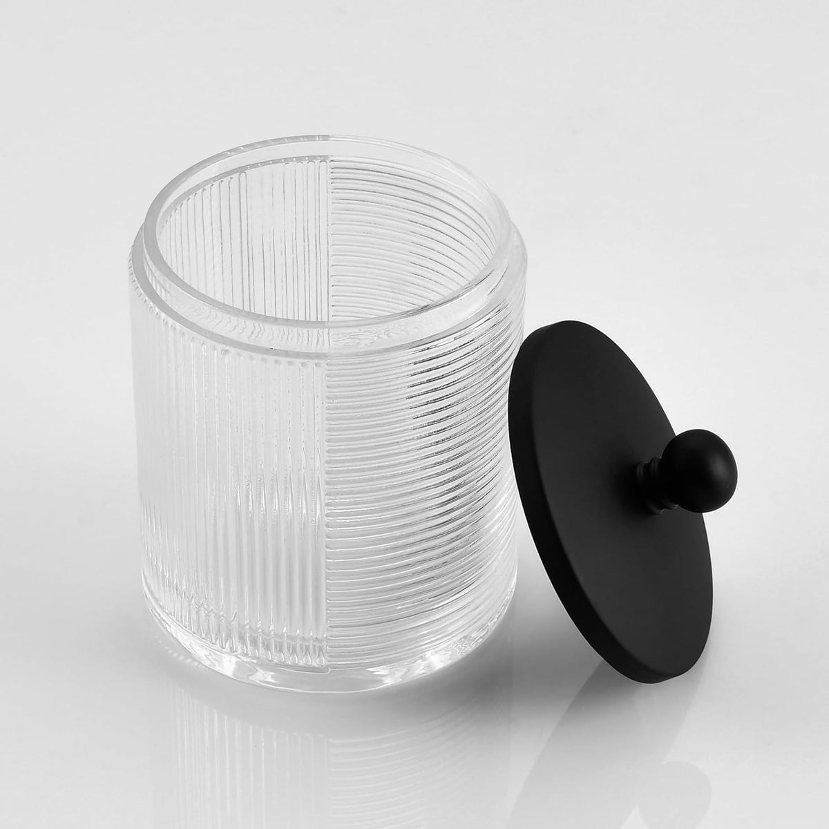 Glass Cotton Jar Holder Matte Black Lid, Elegant Bathroom Storage Canister for Qtips, Cotton Balls, Floss, Makeup Organizer, Vanity Bathroom Organization