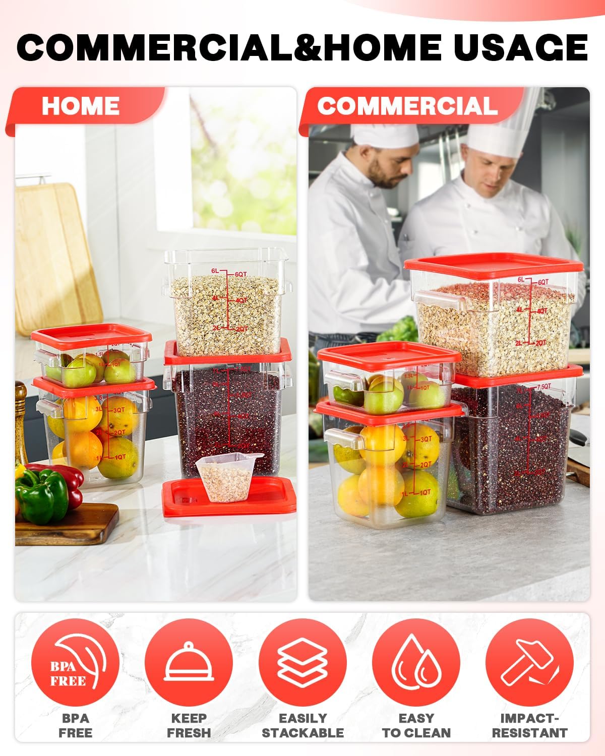 2QT&4QT NSF Food Storage Containers with Lids: 4 PCS [Total Food Grade][Hot&Cold Resistant] Commercial Clear Food Storage Containers for Restaurant Kitchen Proof Dough (Red)