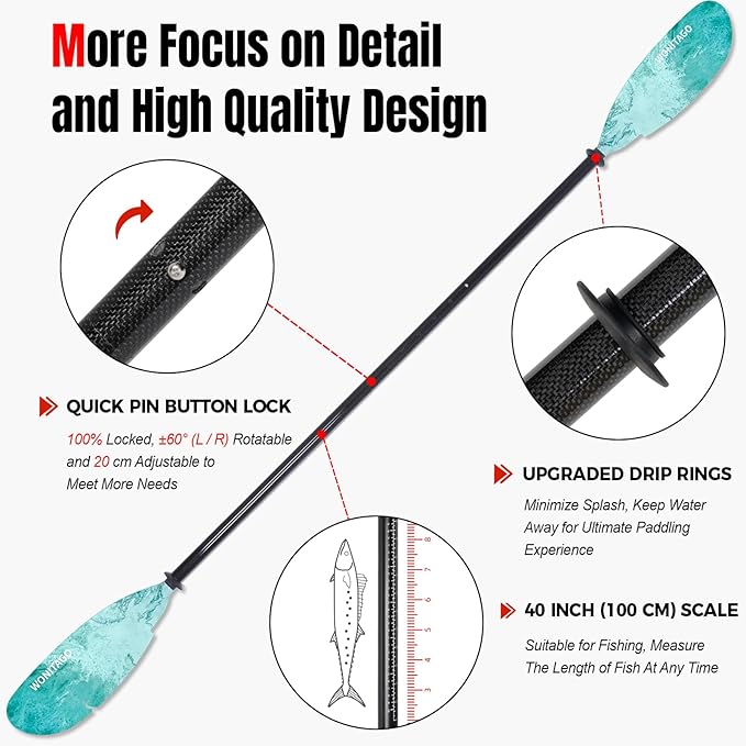 Angler Kayak Paddles Carbon Fiber Shaft and Plastic Blade, Floating Adjustable Fihsing Kayak Oars with Paddle Leash, 230-250cm/90-98 inch