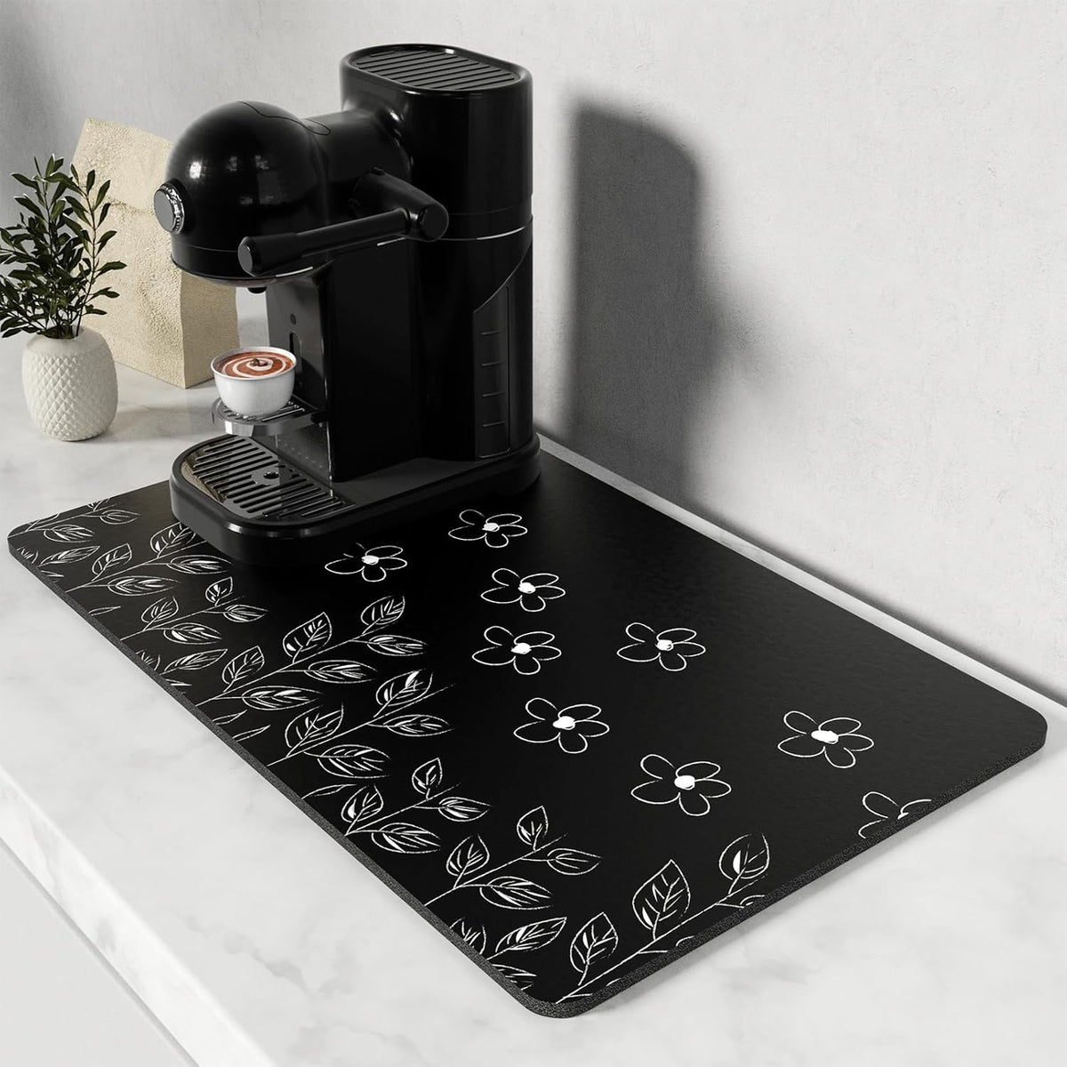 Rnivvi Coffee Mat, 12" x 19" Cute Coffee Bar Mats for Espresso Machine Station Accessories and Organizer, Hide Stain Rubber Backed Absorbent Dish Drying Pad for Kitchen Counter, Black White Flowers