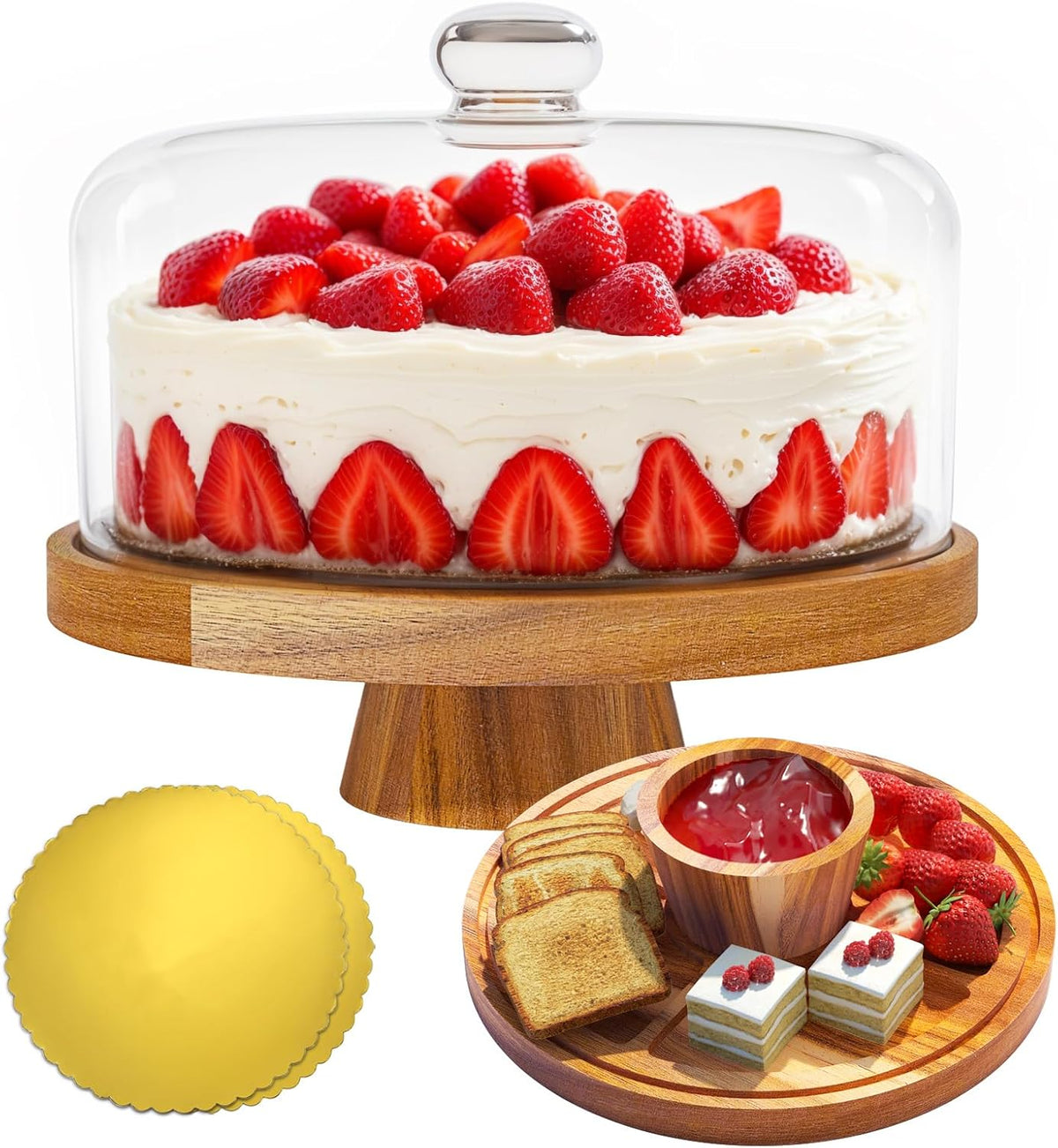 Acacia Wood Cake Stand with Lid, 12" Glass Cake Stand with Dome Cake Holder, 2-in-1 Dessert Table Display Set & Charcuterie Board for Weddings, Parties, Bakeries