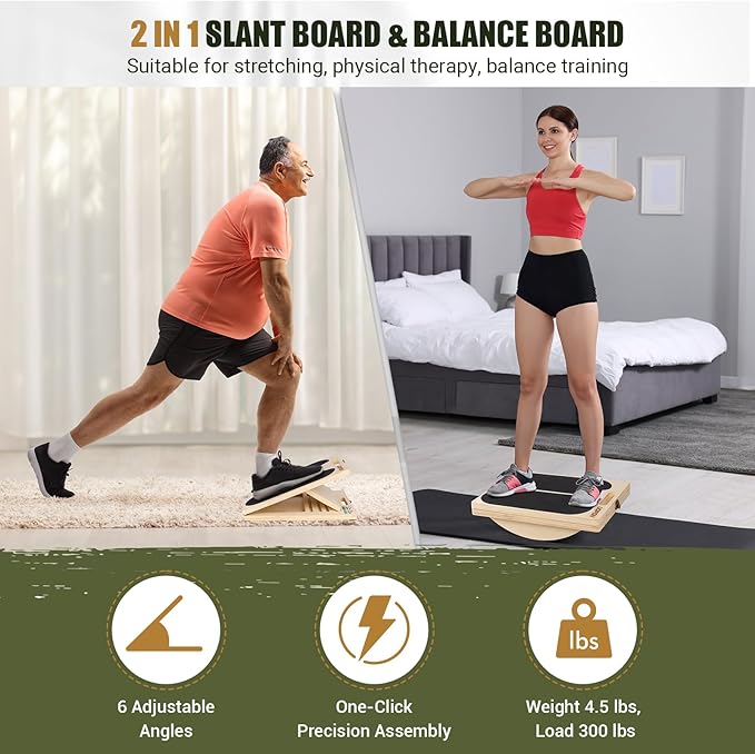 2-in-1 Wooden Slant Board & Balance Board, Portable 6 Angle Adjustable Calf Stretch Board with Training Poster, 300lb Weight Capacity Calf Ankle Stretcher for Physical Therapy, Squat & Core Strength