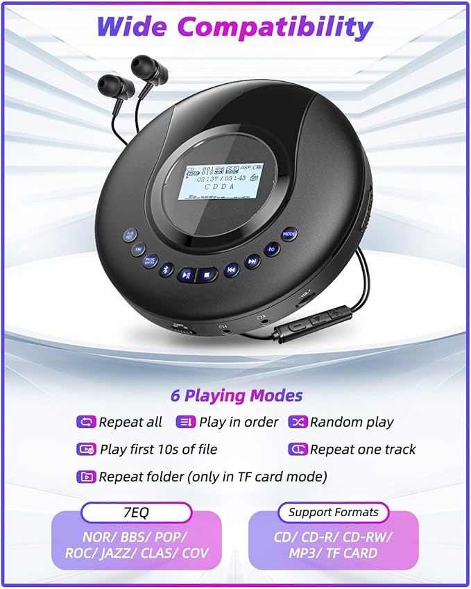 ARAFUNA Portable CD Player Bluetooth with FM Radio, 2000mAh Rechargeable CD Player for Car with LCD Screen, Anti Shock Protection Compact Player with Headphone, AUX Cable