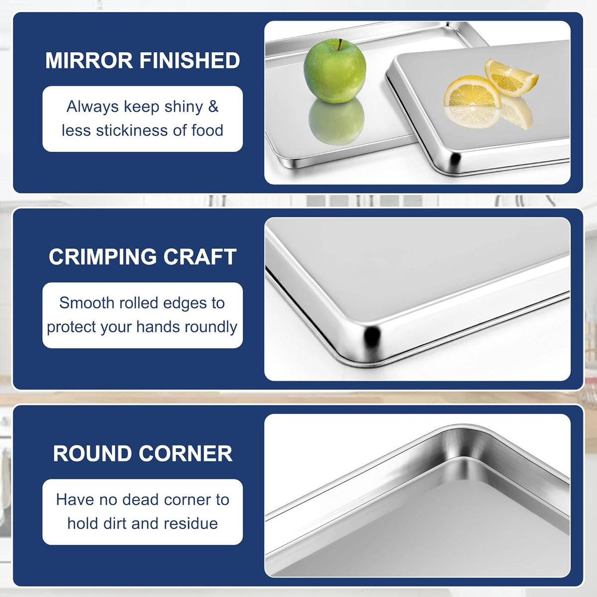 P&P CHEF 17.3 Inch Baking Cookie Sheet, Oven Pan Tray Stainless Steel Sheet Pan for Kitchen, Oven Bakeware for Multi Uses, Shiny Look & Dishwasher Safe, Healthy & Heavy Duty, 2Pcs