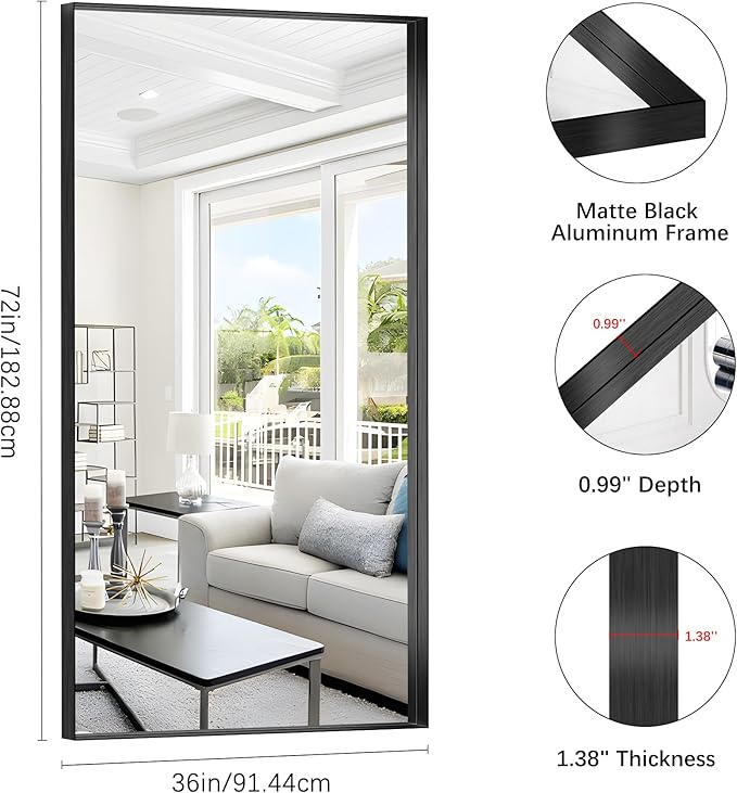 Black Bathroom Mirror, 72x36 Inch Rectangular Deep Frame Mirror, Large Wall Mounted Bathroom Vanity Mirror Over Sink for Bedroom,Restroom, Living Room, Hangs Vertically or Horizontally
