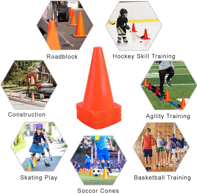 9 Inch Plastic Training Traffic Cones, Sport Cones, Agility Field Marker Cones for Soccer Basketball Football Drills Training, Outdoor Activity or Events - (Set of 10, 12, 15 or 24, 4 Colors)
