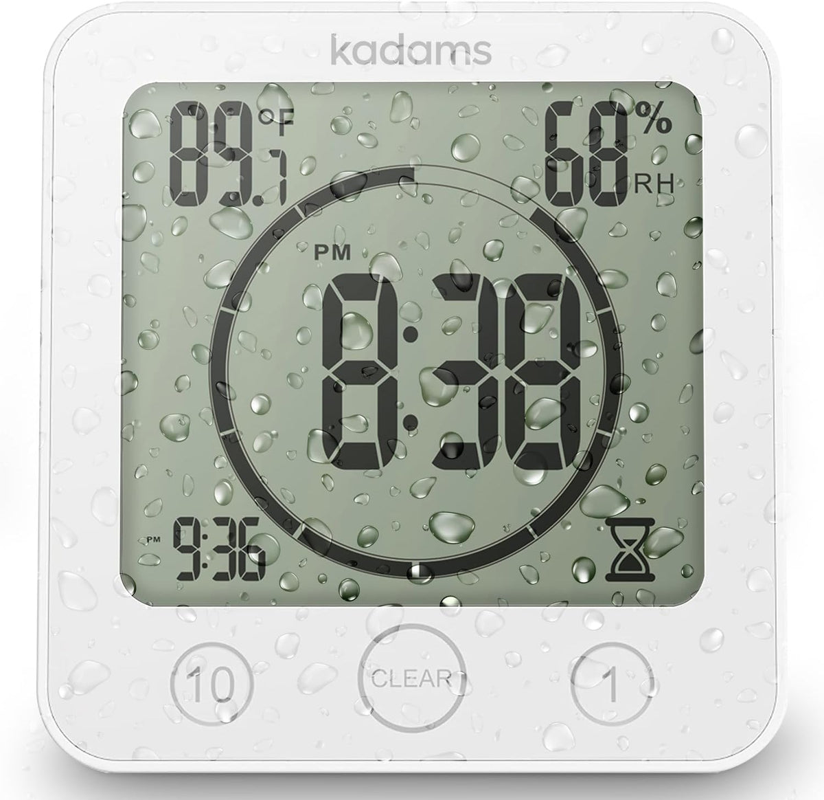 KADAMS Shower Clock Waterproof Bathroom Timer – Digital Wall Clock with Countdown, Magnetic Kitchen Clock with Temperature & Humidity, Suction Cup for Kids Shower Spa Sauna Cook Bath, White