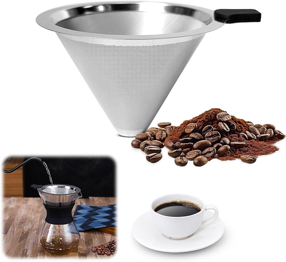 Pour Over Coffee Dripper-Stainless Steel Coffee Filter,Reusable Drip Cone Coffee Filter Portable Pour for 1-4 Cup (Without base, L)