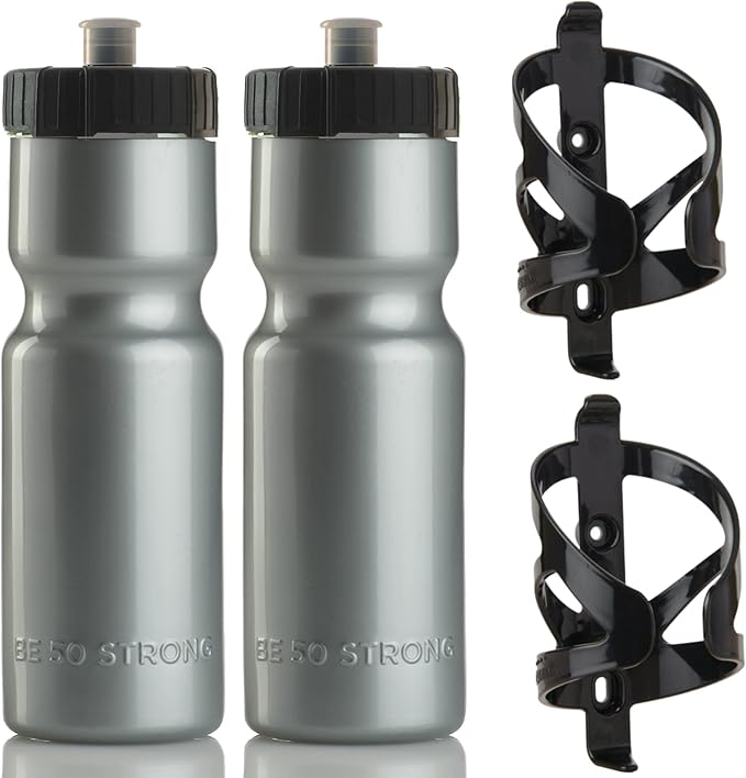Bike Water Bottle Holder & Bottle Combo – 2-Pack 22 oz Sports Squeeze Bottles with Pull Top Cap & Easy-Install Bike Cage – Made in USA – 50 Strong Brand