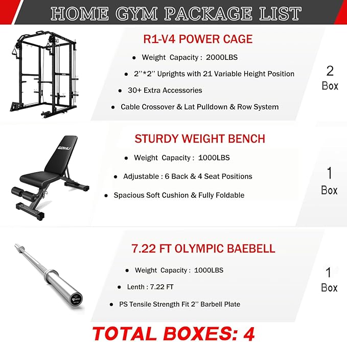 R1-V4 Power Cage Rack, 2000LB Squat Rack with Cable Crossover System, Multi-Function Weight Cage, Home Gym Workout Machine with More Training Attachments