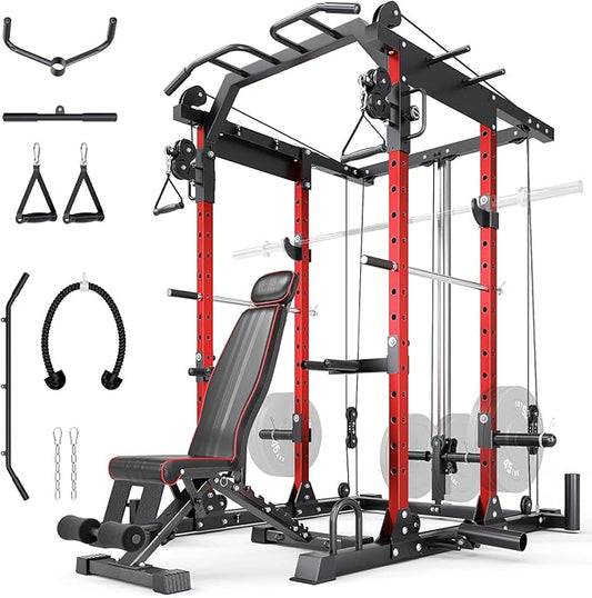 YOLEO Smooth Dual Pulley System Power Cage, 1600LBS Adjustable Cable Crossover Power Rack, Multi-Functional Squat Rack for Home Gym with More Training Attachment