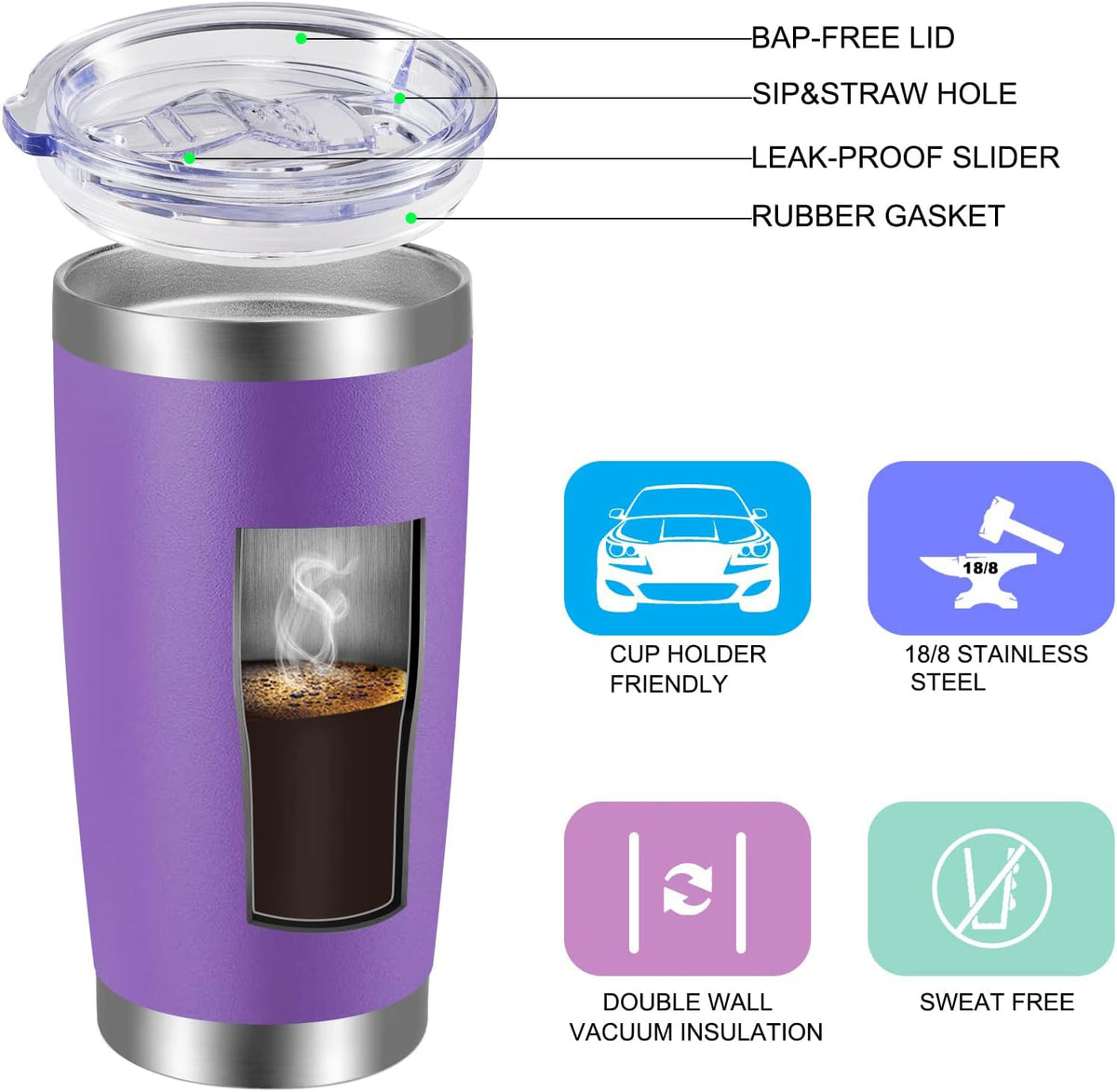 VEGOND 20oz Tumbler with Lid and Straw Stainless Steel Tumbler Cup Bulk Vacuum Insulated Double Wall Travel Coffee Mug Powder Coated Coffee Cup(Purple 6 Pack)