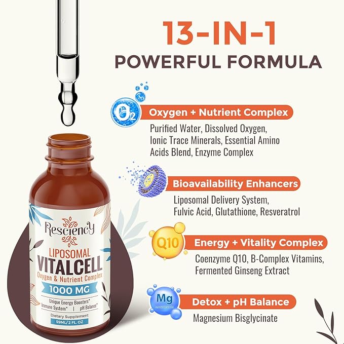 13-in-1 Liquid Oxygen & Nutrient Supplement for Energy, Altitude Support, Performance, Antioxidant, Immune, Fatigue & Detox, Liposomal for High Absorption, pH Balance, Organic, Gluten Free, 6 Fl Oz