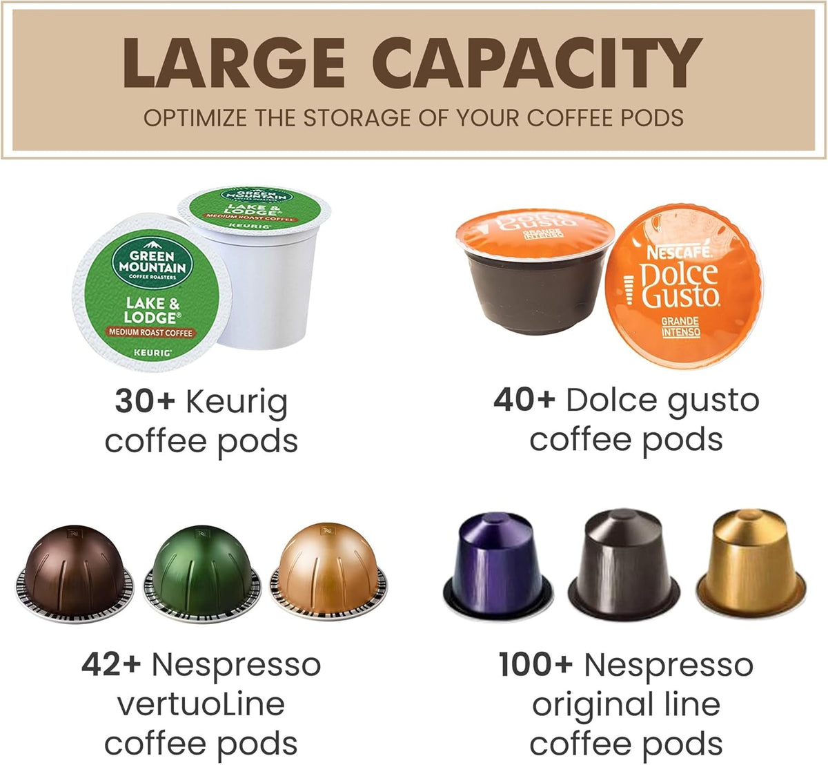 Coffee Pod Holder -Black Wire K Cup Storage with Wooden Base - Large Capacity Slim Design - Modern Coffee Basket Decor for Kitchen Countertop for Keurig Kcups & Espresso Capsules