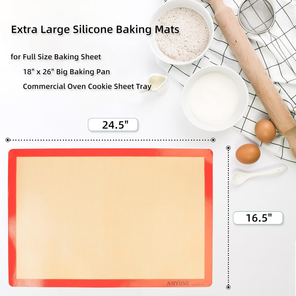 AMYONE Silicone Baking Mats for Full Size Sheet Pan, Non-Stick Silicone Baking Sheet Liners for Cookies/Pastries/Chicken/Vegetables, Food Grade Silicone Mat for 18 x 26-inch Full Baking Pans, 1 PCS
