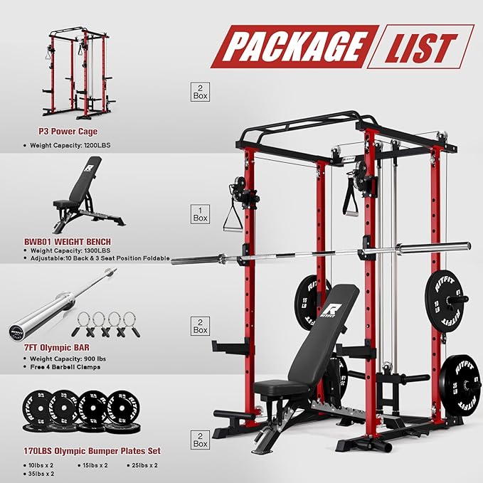 RitFit Power Cage with Optional LAT PullDown/Cable Crossover, 1000LB Squat Rack for Home & Garage Gym, with Weight Storage Rack and More Training Attachments, ASTM-Certified