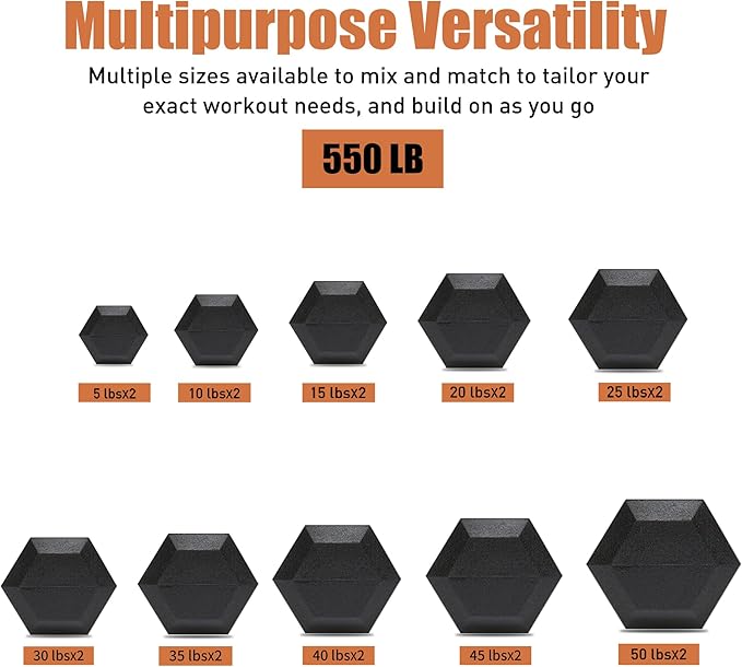 Ritafer 350-550 lbs Hex Weight Dumbbell Set with Rack 5-50 lbs Hand Weights for Strength Training for Home Gyms Rubber Iron Coated Dumbbells Exercise & Fitness Equipment to Training Strength Muscle