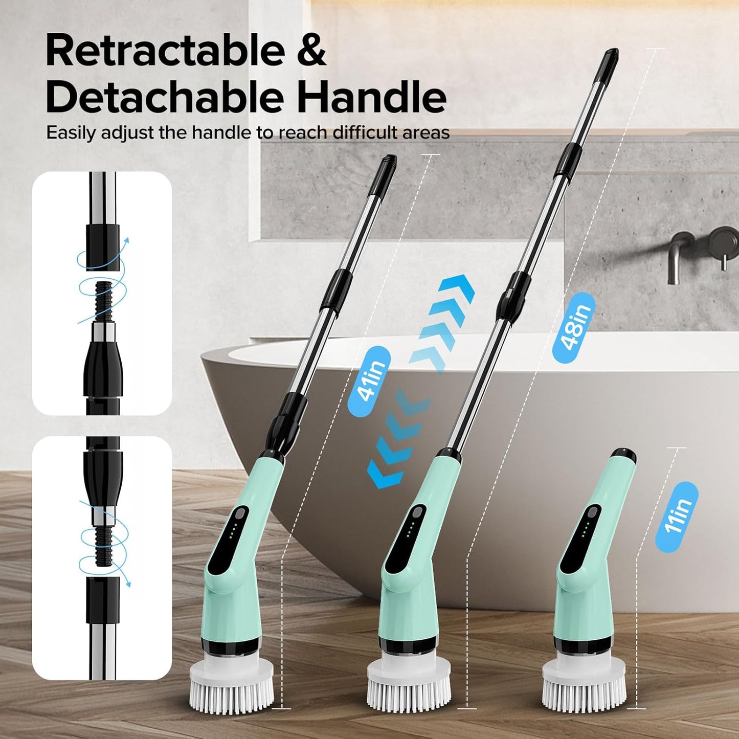 Electric Spin Scrubber, Dreazu IPX7 Bathroom Scrubber with 7 Replaceable Brush Heads & Retractable Handle, 2-Speed Adjustable Spin Scrubber for Bathroom, Bathtub, Kitchen, Tile Floors（Green）