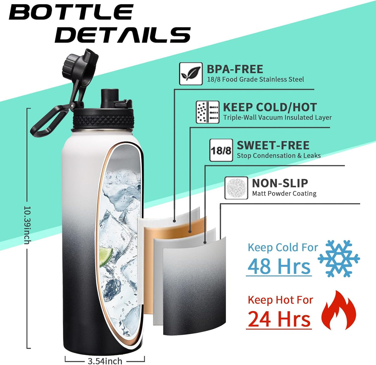 Stainless Steel Water Bottle 40oz with Straw & Auto Spout Lids, Paracord Handle, Insulated Water Flask Carrier Bag & Protective Boot, Thermo Bottle Mug Metal Canteen Keep Cold-48H & Hot-24H