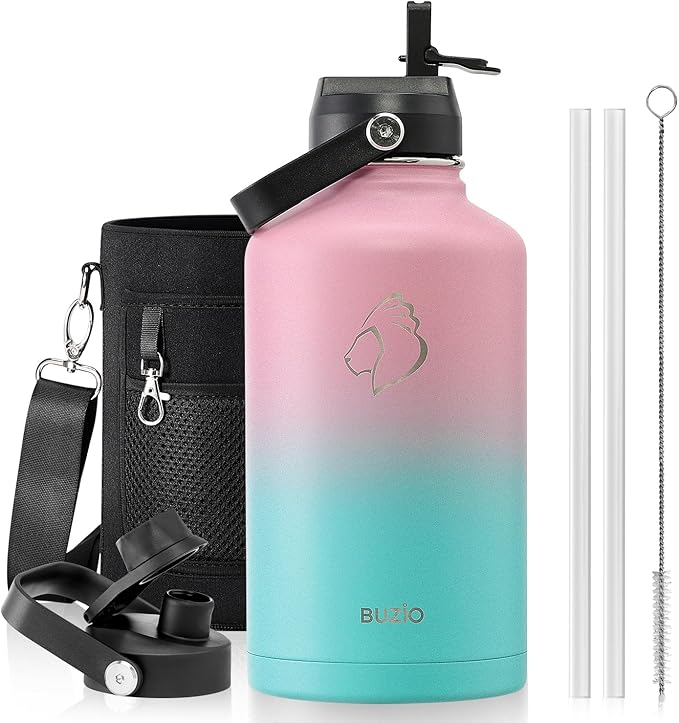 BUZIO Vacuum Insulated Stainless Steel Water Bottle 64oz (Cold for 48 Hrs/Hot for 24 Hrs) BPA Free Double Wall Travel Mug/Flask for Outdoor Sports Hiking, Cycling, Cam,Camping, Running, Bubble Gum