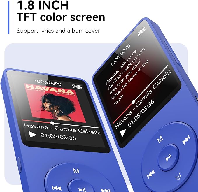 AGPTEK A02 MP3 Player with Bluetooth 5.3, 1.8 inch Screen Portable Music Player with Speaker, FM Radio, Voice Recorder, Supports Expanded Up to 128GB(Blue, 64GB)