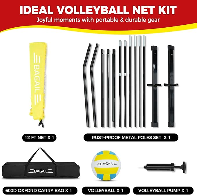 BAGAIL Volleyball Net, 12ft/20ft Portable Volleyball Net for Backyard - Adjustable Height, Heavy-Duty Frame, Freestanding Design - Portable Outdoor/Indoor Volleyball Set with Carry Bag