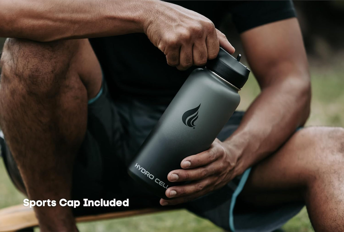 HYDRO CELL Stainless Steel Insulated Water Bottle with Straw - For Cold & Hot Drinks - Metal Vacuum Flask with Screw Cap and Modern Leakproof Sport Thermos for Adults (Graphite/Black 32oz)