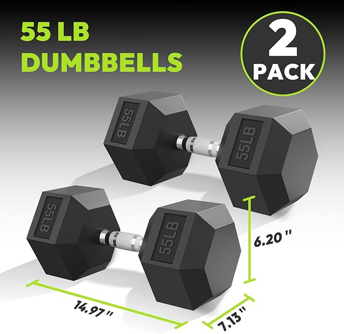 Hex Dumbbell 40-125 lb, Rubber Encased Exercise & Fitness Dumbbells, Hand Weight for Strength Training