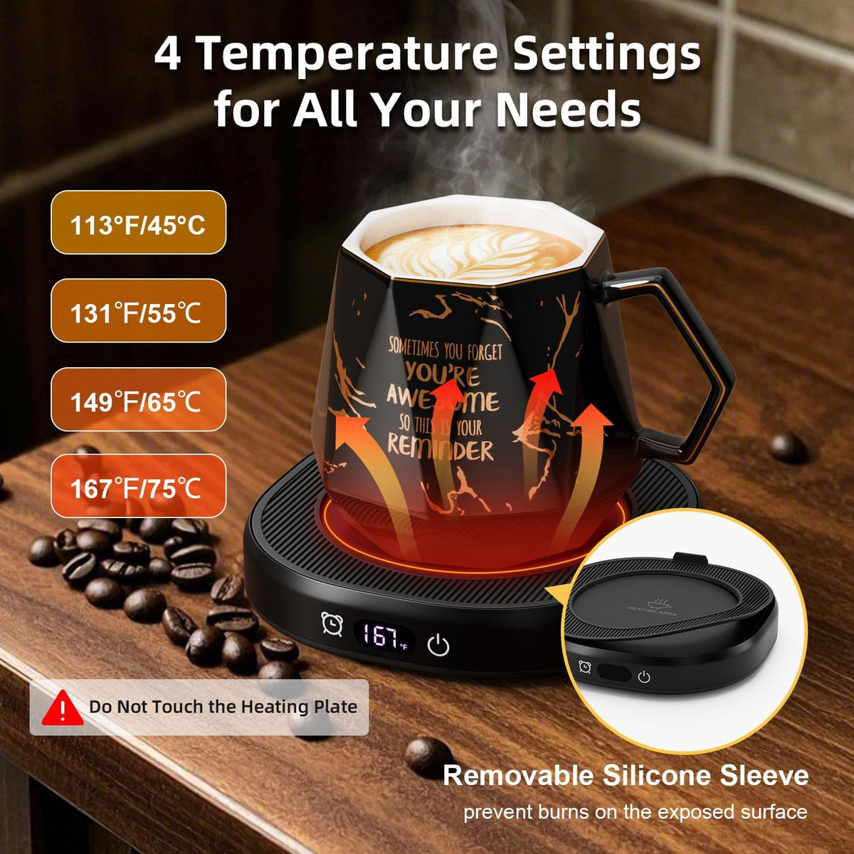 Coffee Mug Warmer & Awesome Diamond Mug Set, 8H Smart Auto Shut Off Electric Coffee Cup Warmer for Desk Office Home, 4 Temperature Setting Candle Heater Tea Beverage Coffee Warmer Plate for Women Men