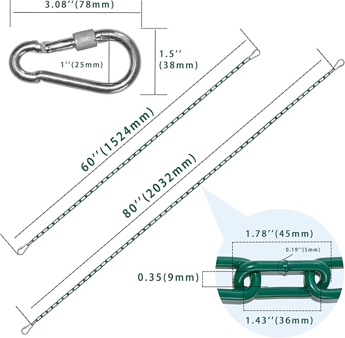 2 Swing Chains Heavy Duty (63") Fully Plastic Coated with 4 Free Quick Links Anti-Rust Iron Link Chains for Playground Kids Tree Swing Seat Accessories and Replacement
