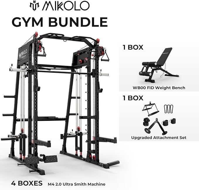 Mikolo Smith Machine, 2200lbs Squat Rack with LAT-Pull Down System & Cable Crossover Machine, Training Equipment with Leg Hold-Down Attachment