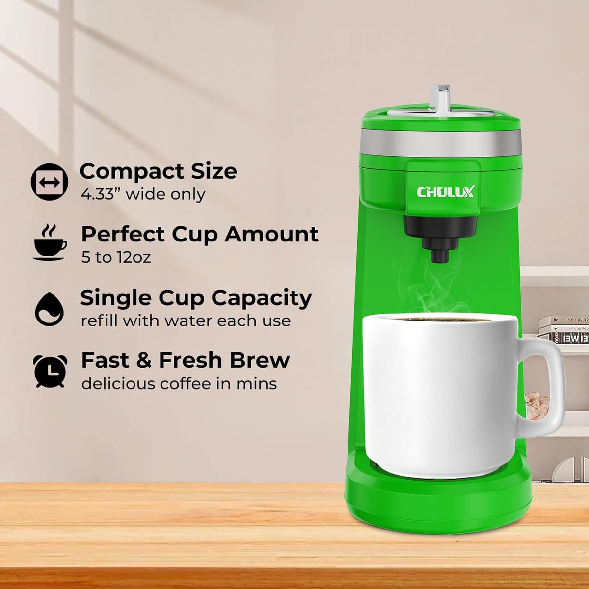 CHULUX Single Serve Coffee Maker, Small Single Cup Coffee Maker for K pod and Ground Coffee, Green