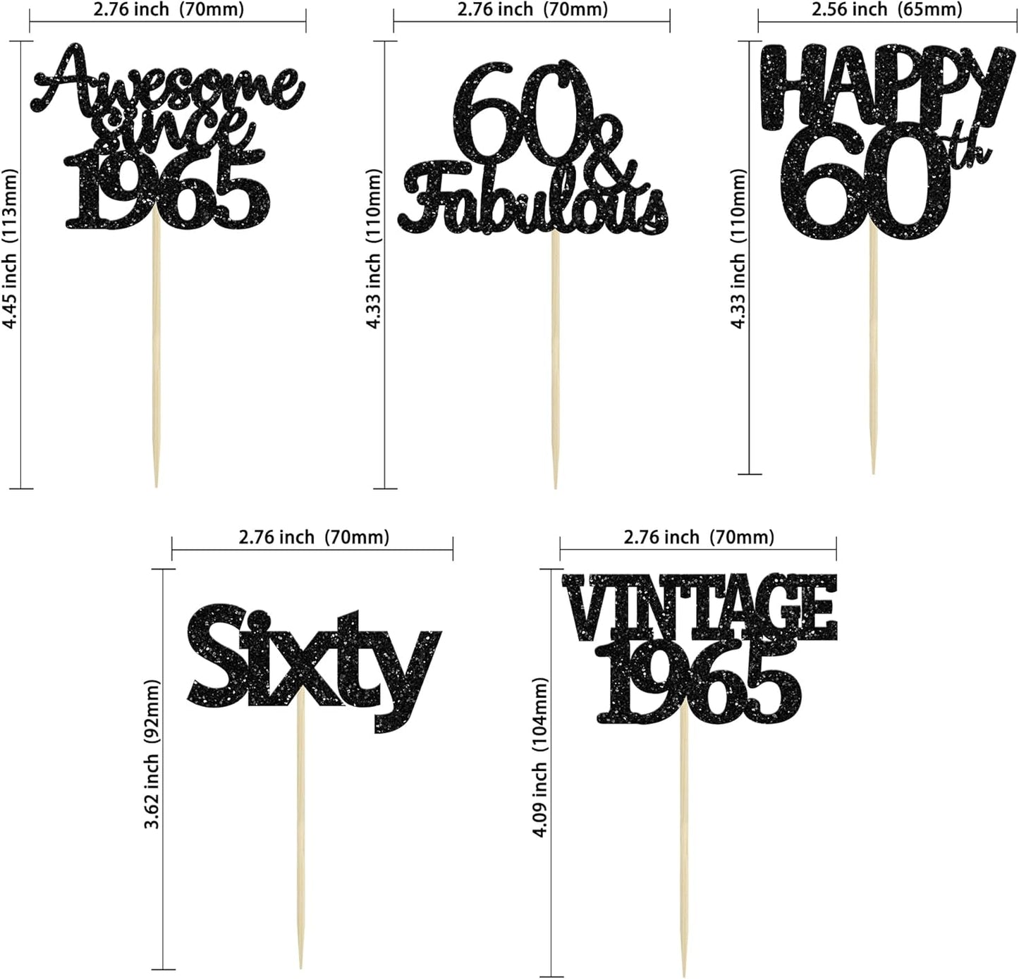 Gyufise 30Pcs 60th Birthday Cupcake Toppers Vintage 1965 Cake Decorations Cheers to 60 Fabulous Sixty Cupcake Picks 60th Birthday Wedding Anniversary Party Cake Decorations Supplies Black