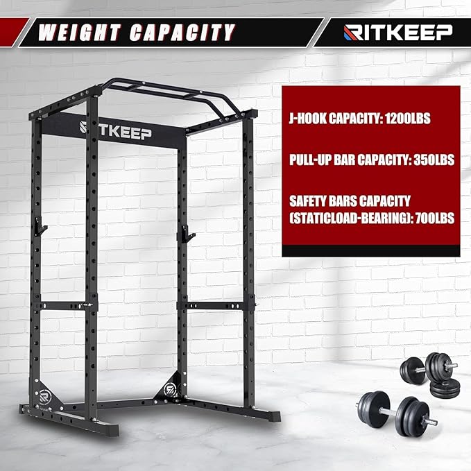 RitKeep Power Rack RMAX 2250 Multi-Function Power Cage for Strength Training - 1200lb Capacity Squat Rack with Multi-Grip Pull-Up Bar, Safety Bars, and J-Hook for Home Gym