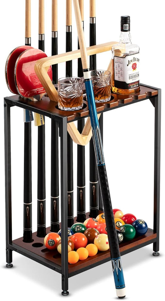 Billiards Pool Stick Holder - Pool Cue Rack Floor Stand & Ping Pong Paddle Holder Hardwood Pool Cue Holder for 12 Cues Sticks Pool Table Accessories Organizer (Brown)