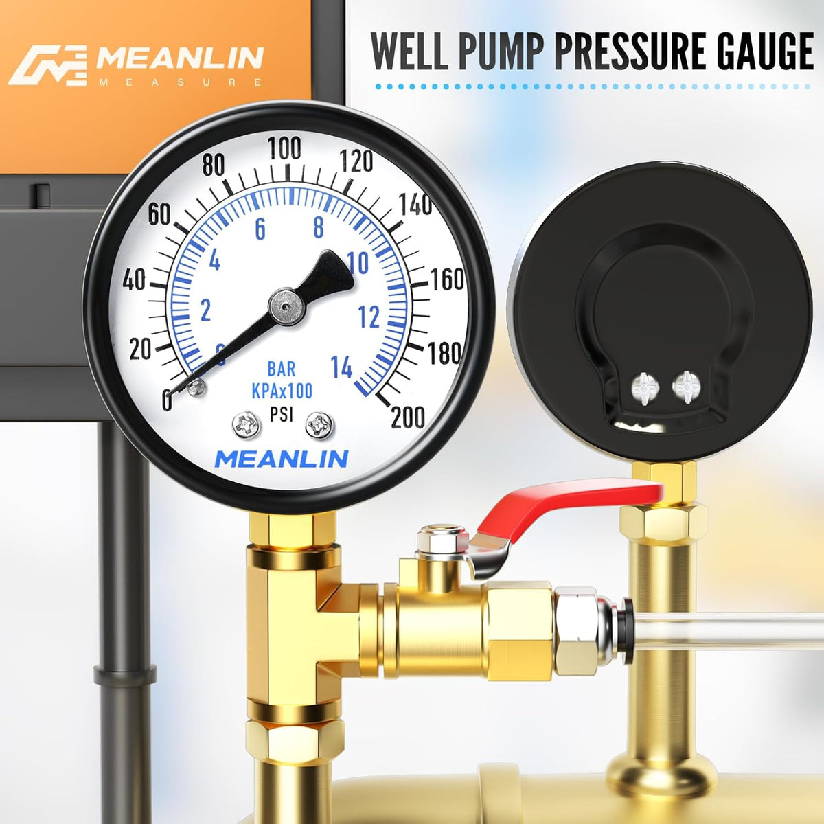 MEANLIN MEASURE 0-200Psi 2" DIAL FACE 1/4" NPT Well Pump Pressure Gauge, with 1/2" NPT and 3/8" NPT Hex Bushing, 3-2-3% Accuracy, Lower Mount