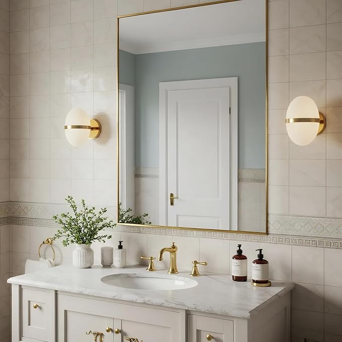 30x36 Inch Brass Bathroom Mirror for Wall, Aluminum Frame Rectangle Rectangular Vanity Mirror, Modern Large for Bedroom, Living Room, Horizontal or Vertical