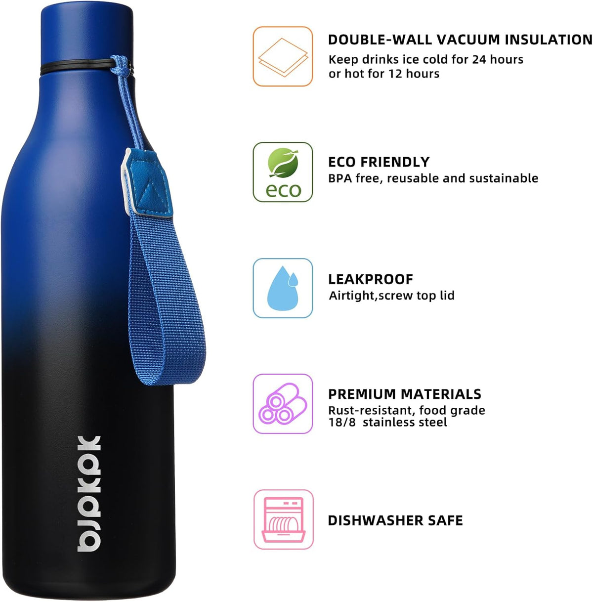 BJPKPK Insulated Water Bottles, 25 oz Stainless Steel Metal Water Bottle with Strap, BPA Free Leak Proof Thermos, Mugs, Flasks, Reusable Water Bottle for Sports & Travel, Blue Black
