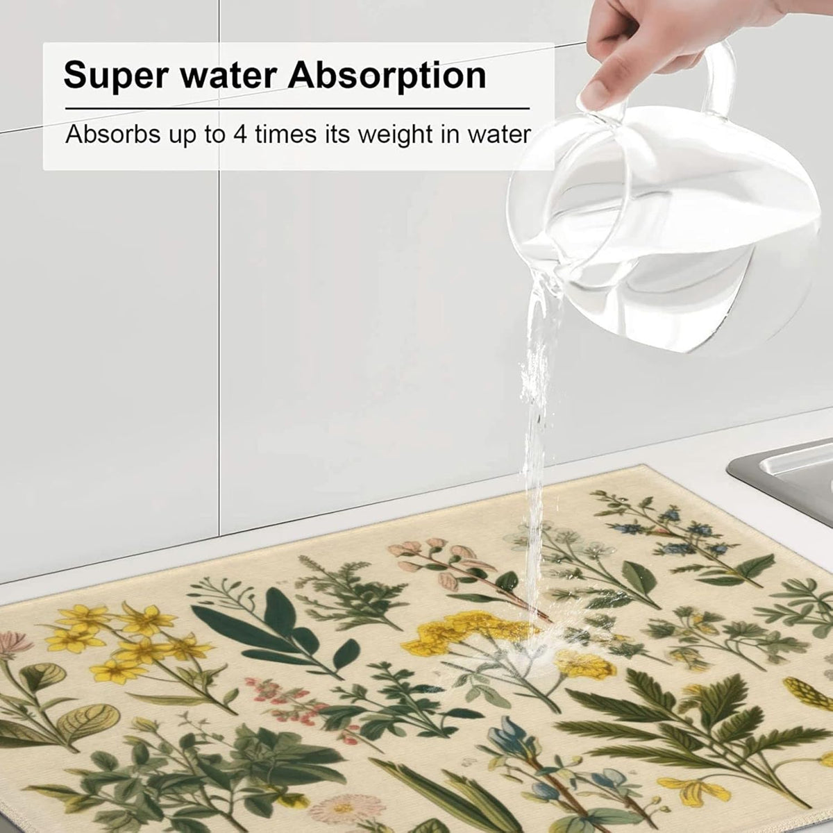 Floral Microfiber Dish Drying Mat XL for Kitchen Counter Absorbent Large Dish Drying Pads Reusable Washable Plants Herbs Draining Mat 18x24 Inch